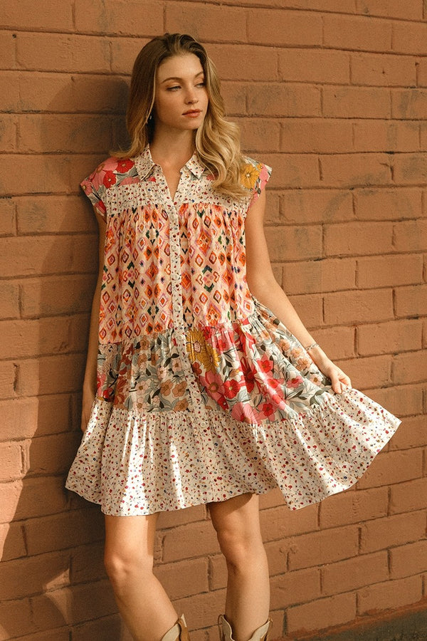 BIBI Print Mix And Match Tiered Dress With Button Down