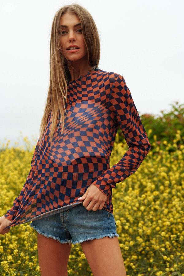 Checker Board Printed Mesh Long Sleeve Top - 4 Colors