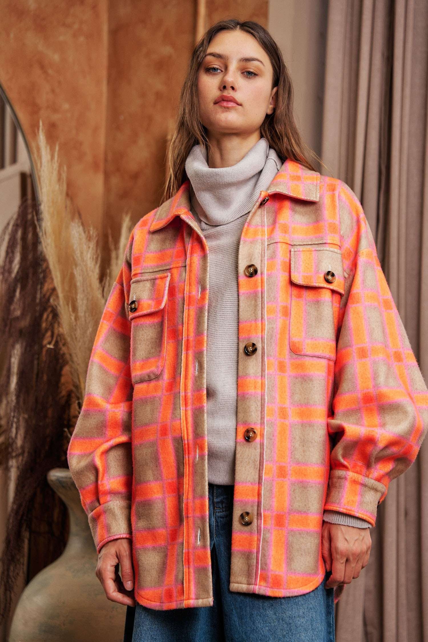 Plaid Orange Pink Jacket Shacket - Curvy Size