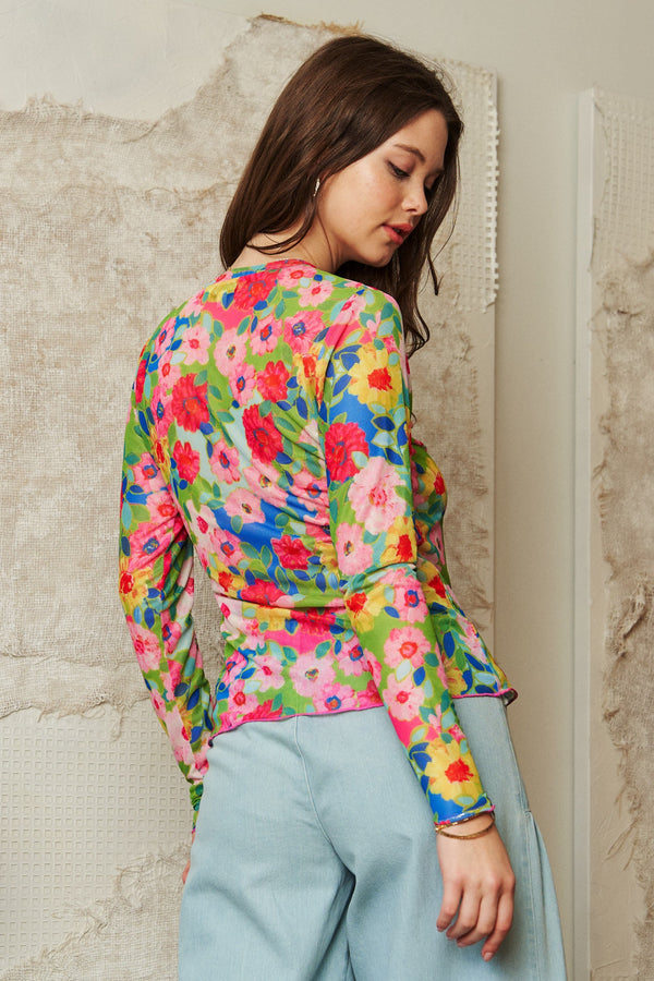 Davi & Dani Flower Printed Mesh Round Neck Long Sleeve Top - Curvy Size