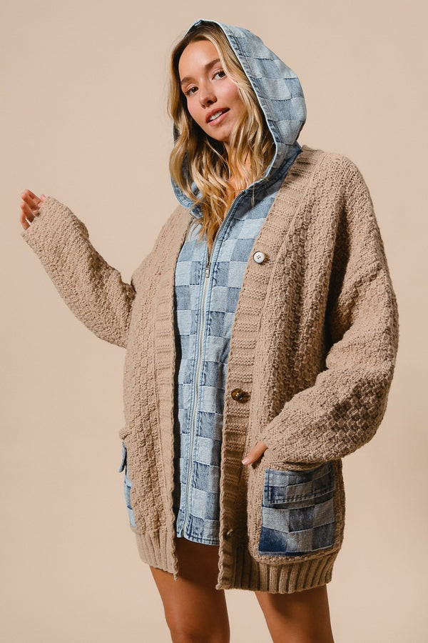 WASHED CHECKER DENIM ZIP UP SWEATER CARDIGAN