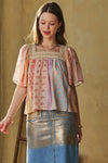 Davi & Dani Mixed Square Multi-stitch neck Puff Sleeve Top