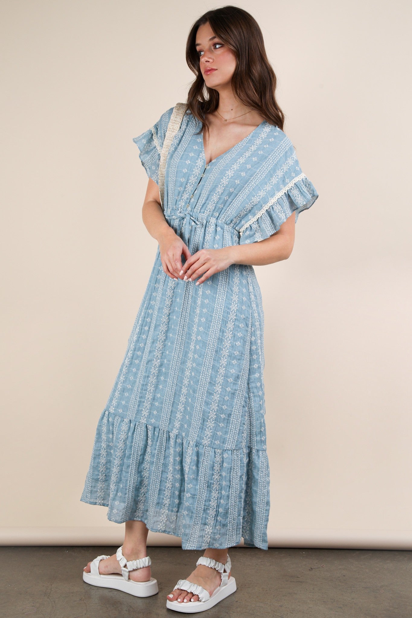 Very J Embroidered Boho Ruffled Midi Dress