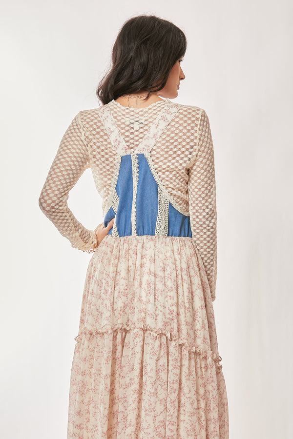 Davi & Dani Denim With Lace Skirt Overall Midi Dress