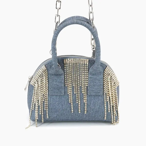 Half Moon Denim Rhinestone Crossbody Purse