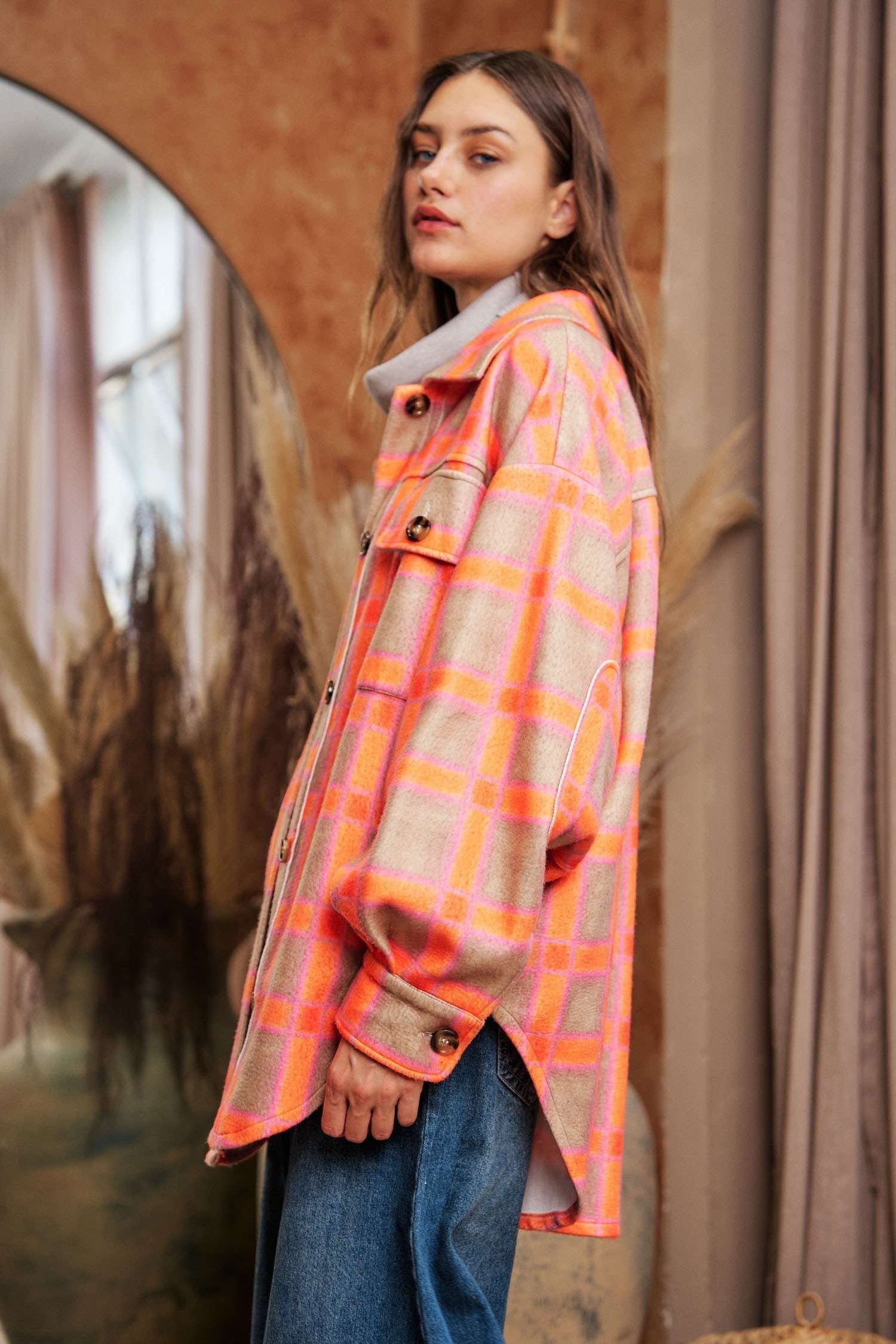 Plaid Orange Pink Jacket Shacket - Curvy Size