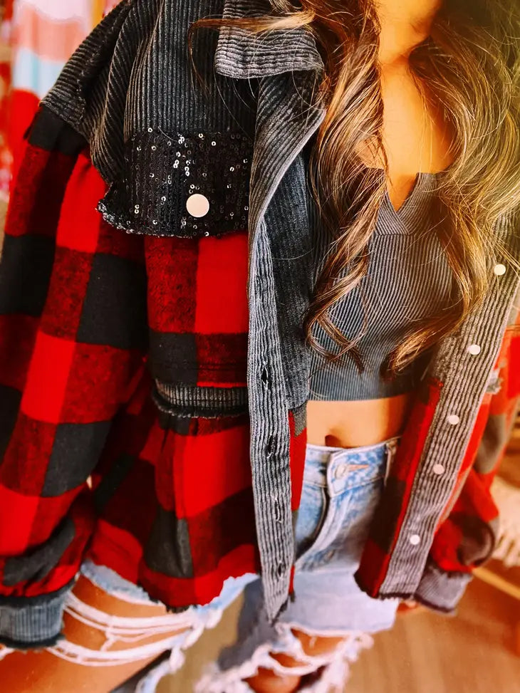 SALE Layla Buffalo Plaid Cord Sequin Acid Wash Shacket
