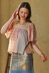 Davi & Dani Mixed Square Multi-stitch neck Puff Sleeve Top