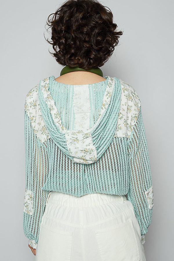 POL Vintage Washed Crochet Hoodie Jacket with Patchwork