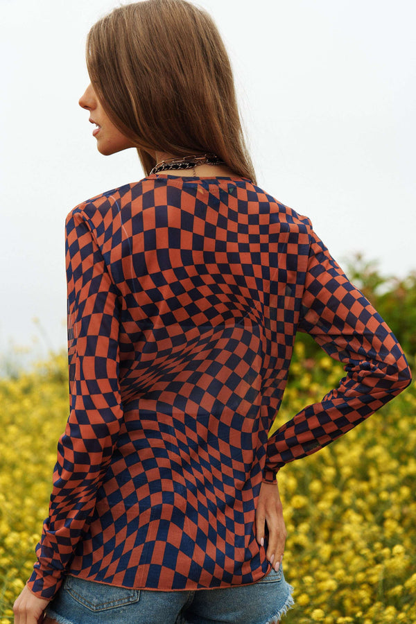 Checker Board Printed Mesh Long Sleeve Top - 4 Colors
