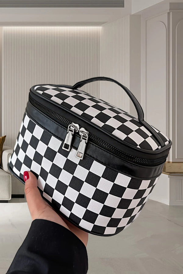 Checkered Zipper Large Cosmetic Bag with Handle