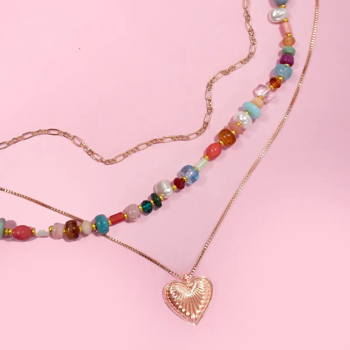 Multi Layered Beaded Heart Charm Necklace
