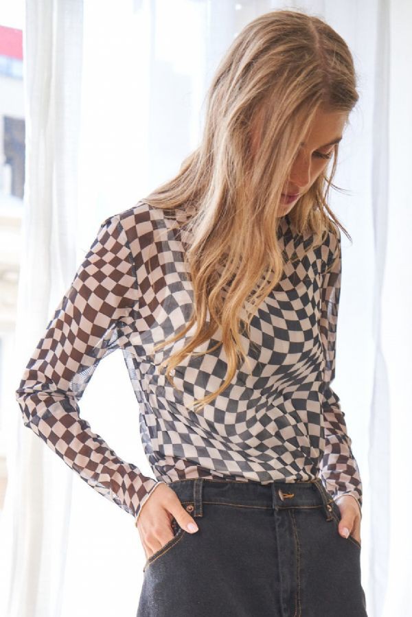 Checker Board Printed Mesh Long Sleeve Top - 4 Colors
