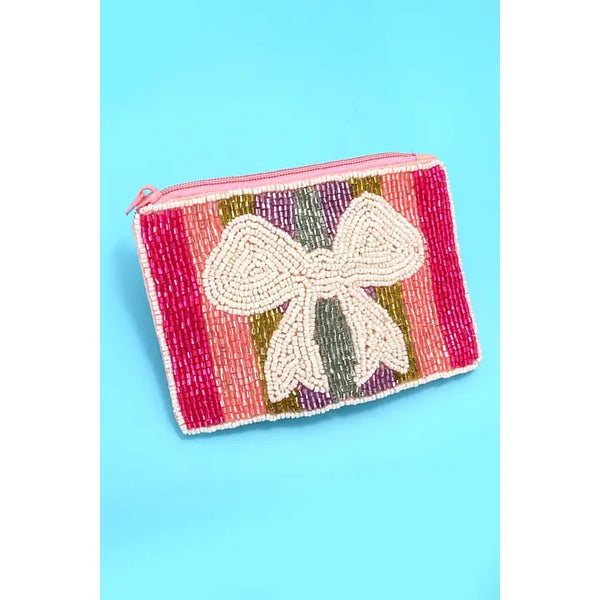 Bow Ribbon Rainbow White Seed Bead Holiday Pouch
