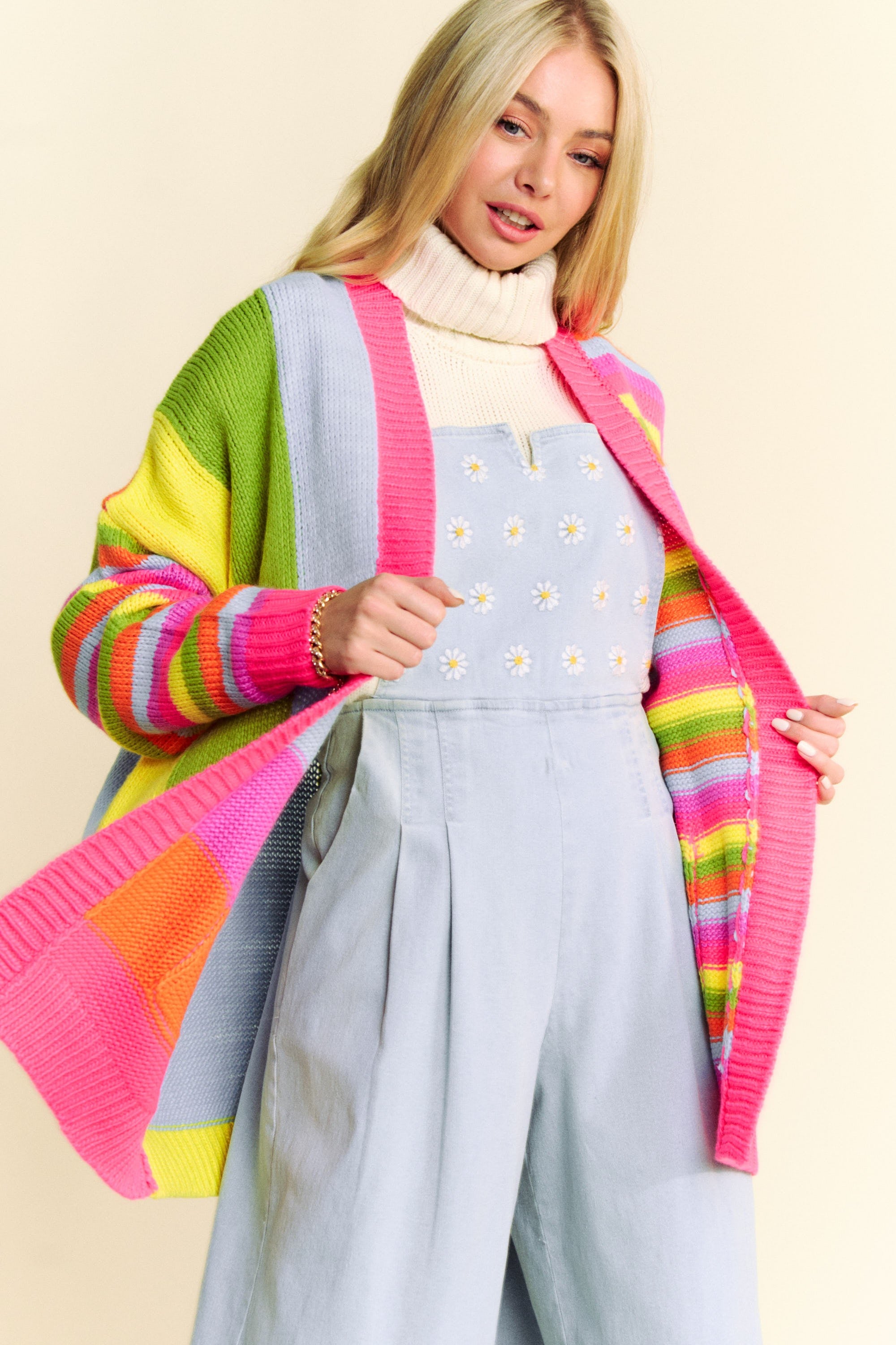 SALE Davi & Dani Multi Striped Pockets Loose Fit Open Cardigan