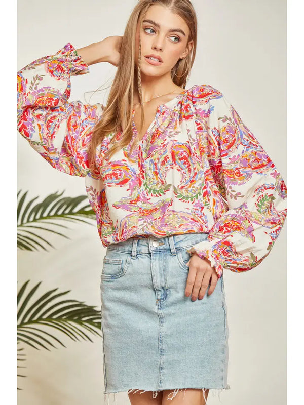 Relax Fit Print Top with Balloon Sleeves Curvy Size
