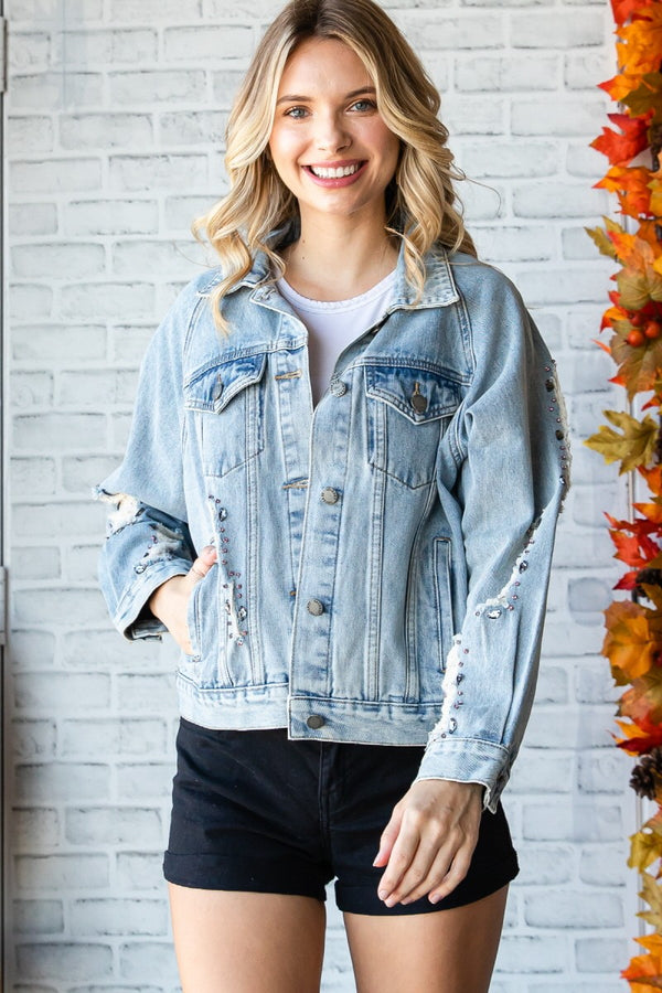 Veveret Rhinestone Distressed Denim Jacket