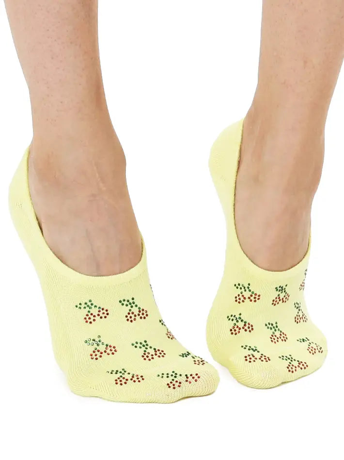 No-Show Liner Socks w/ Crystal Jewels - Cherries - Yellow