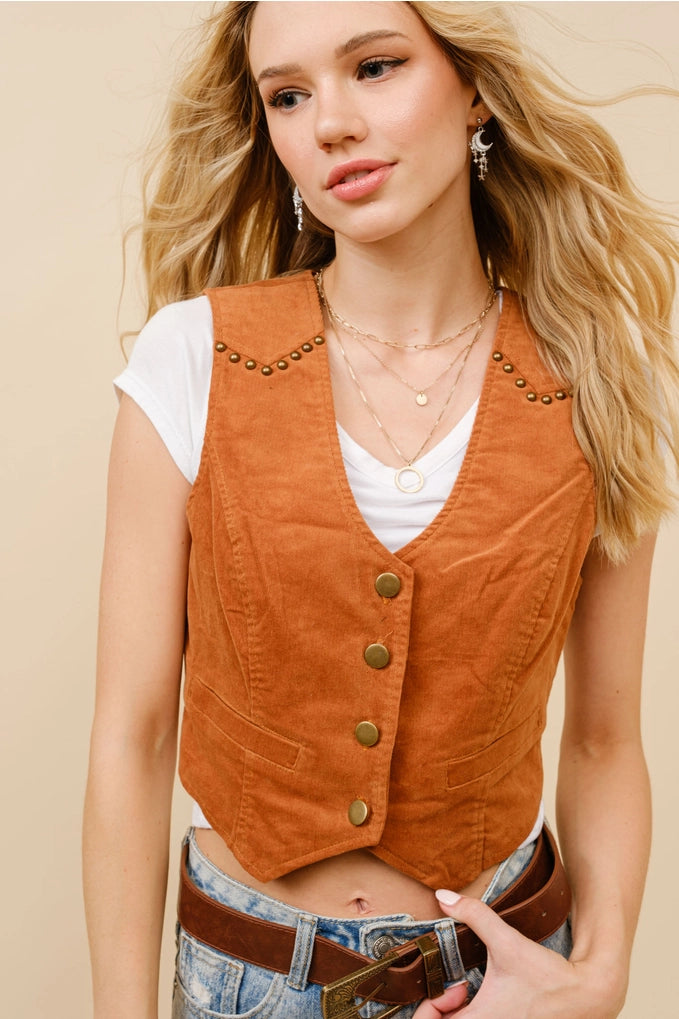 Blue B Corduroy Crop Studded Vest