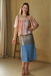 Davi & Dani Mixed Square Multi-stitch neck Puff Sleeve Top