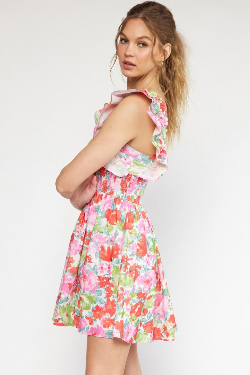 Floral Print Square Neck Ruffle Sleeve mini dress