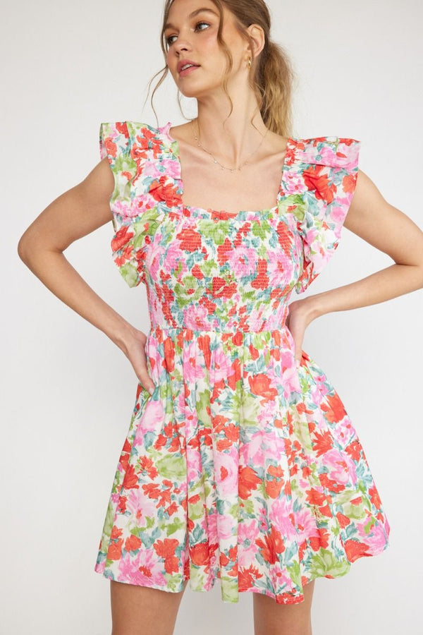 Floral Print Square Neck Ruffle Sleeve mini dress