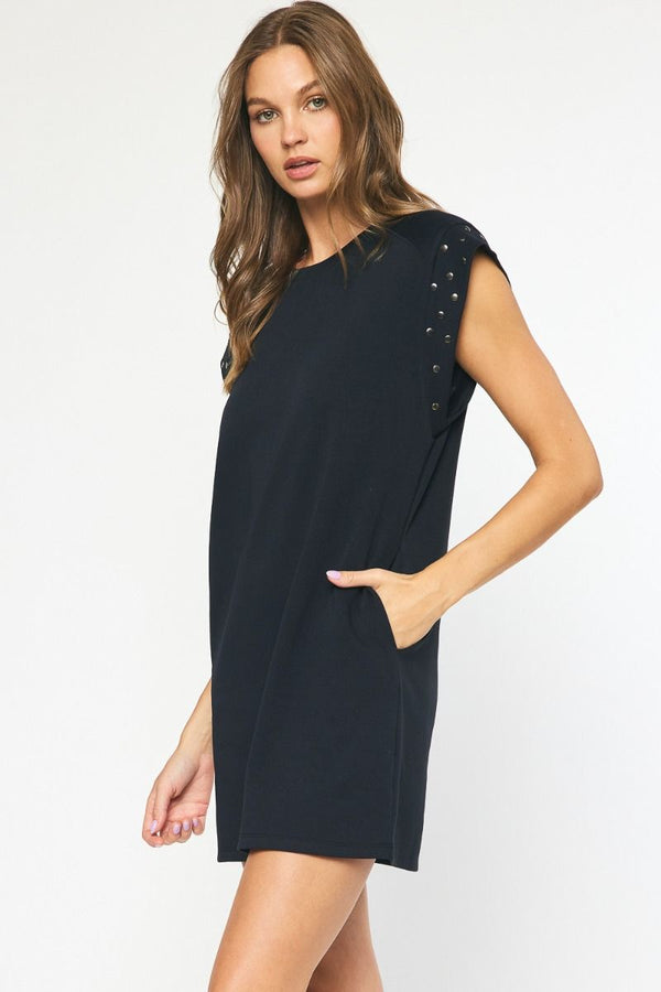 Solid Short Sleeve Dress featuring stud detail at sleeves