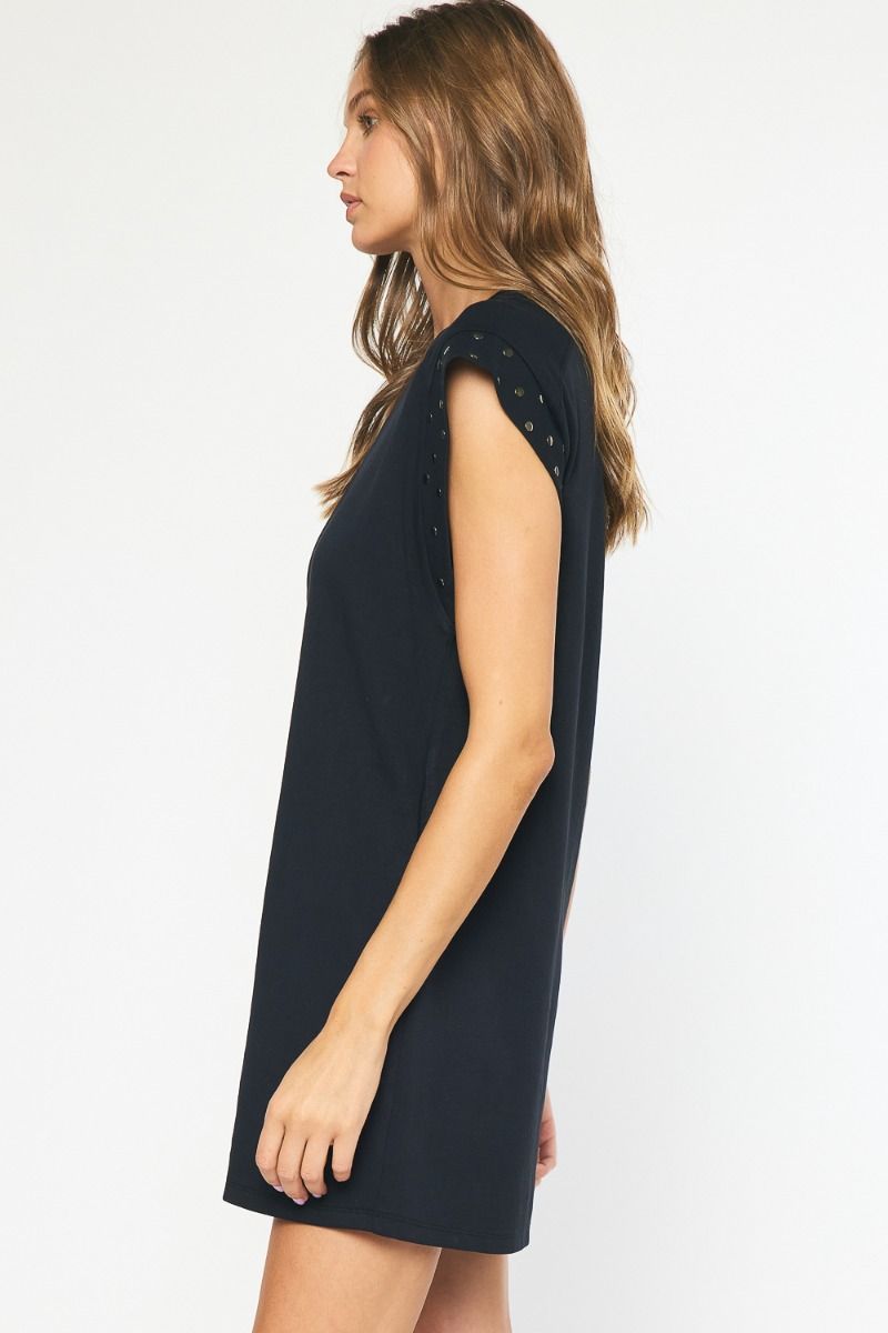 Solid Short Sleeve Dress featuring stud detail at sleeves