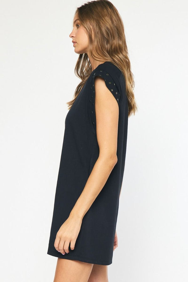 Solid Short Sleeve Dress featuring stud detail at sleeves