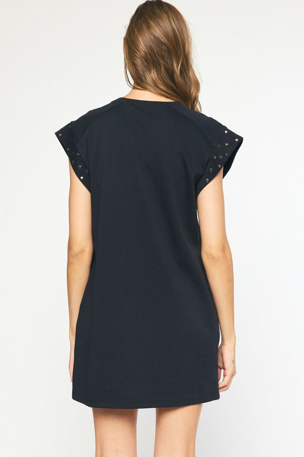 Solid Short Sleeve Dress featuring stud detail at sleeves