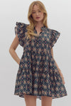 Entro Printed v-neck mini dress featuring pockets at side