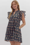 Entro Printed v-neck mini dress featuring pockets at side