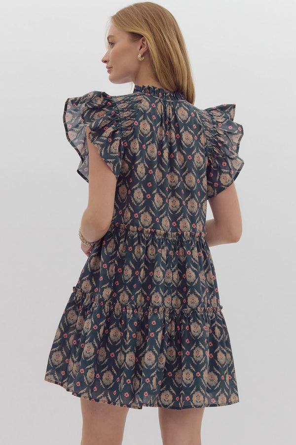 Entro Printed v-neck mini dress featuring pockets at side