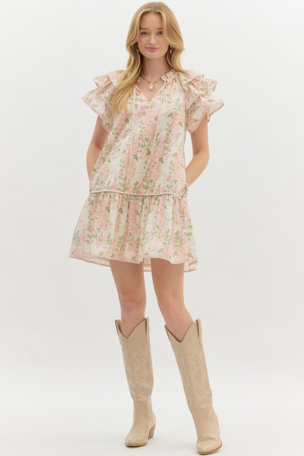 SALE Entro Floral print Triple layer ruffle sleeve dress