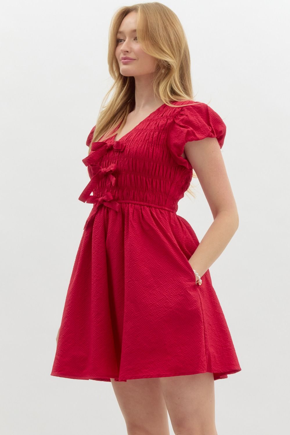 Entro Solid Textured Short Bubble Sleeve pullover dress