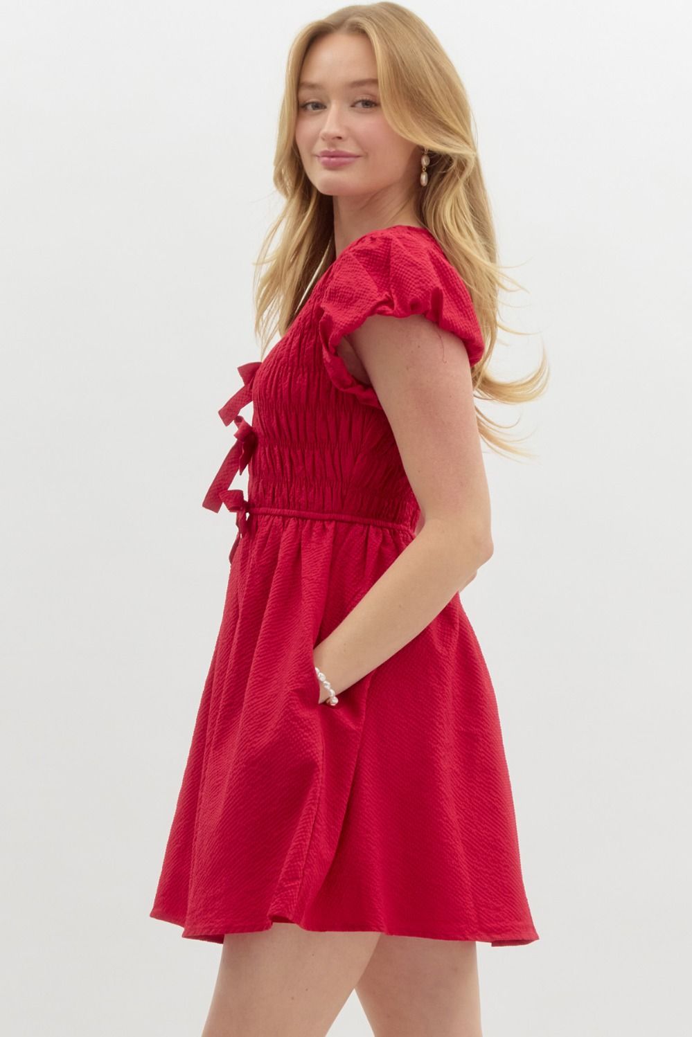 Entro Solid Textured Short Bubble Sleeve pullover dress