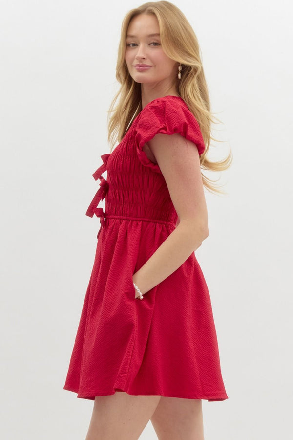 Entro Solid Textured Short Bubble Sleeve pullover dress