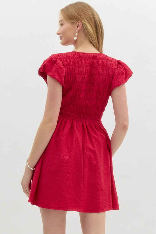 Entro Solid Textured Short Bubble Sleeve pullover dress