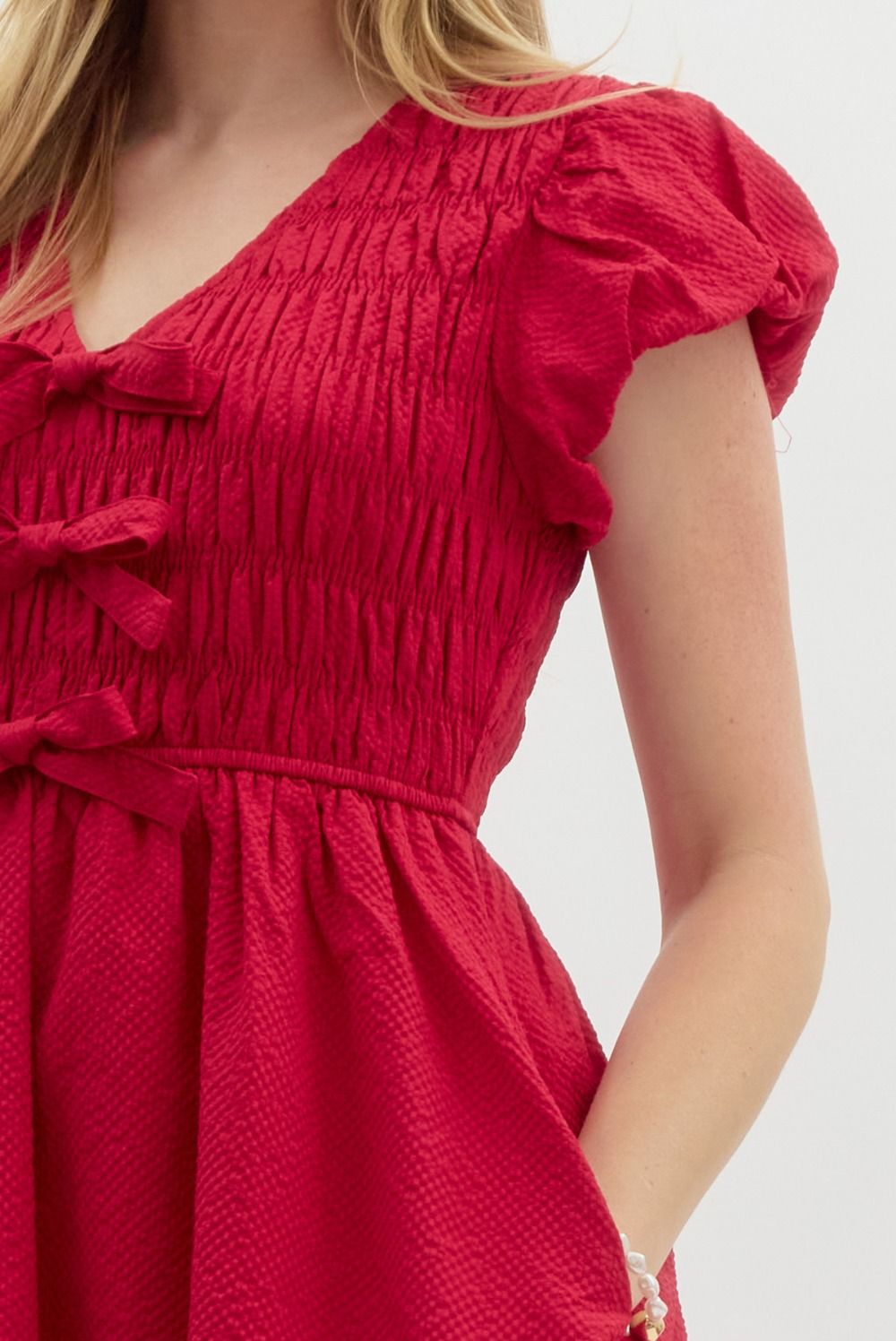 Entro Solid Textured Short Bubble Sleeve pullover dress