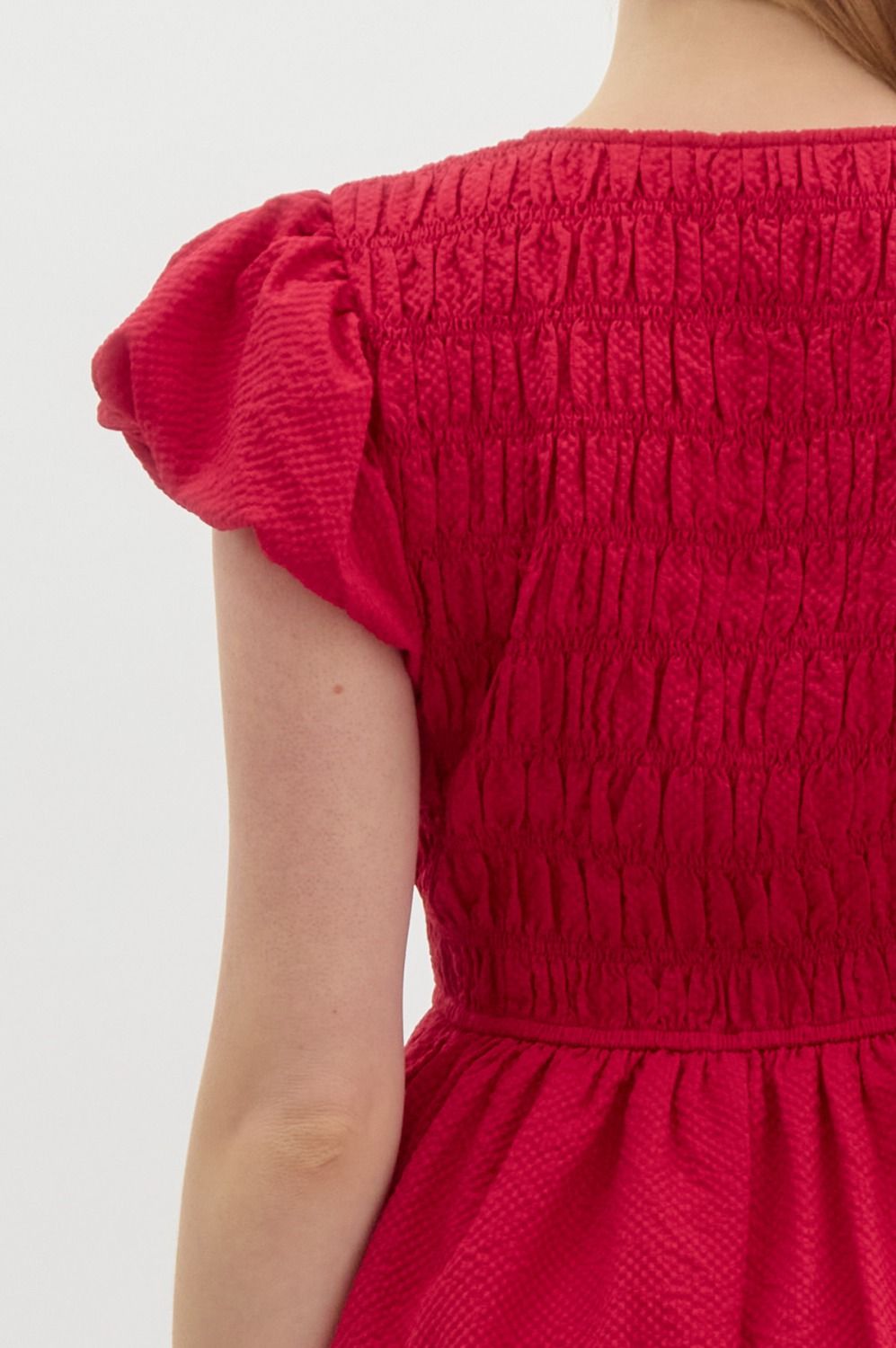 Entro Solid Textured Short Bubble Sleeve pullover dress