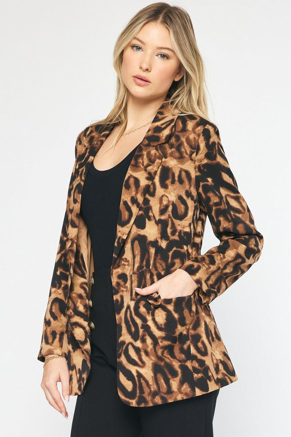 Entro Cheetah Print Collared Blazer featuring pockets at front