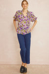 Entro Floral print v-neck puff sleeve top featuring ruffle detail at shoulders - Curvy Size