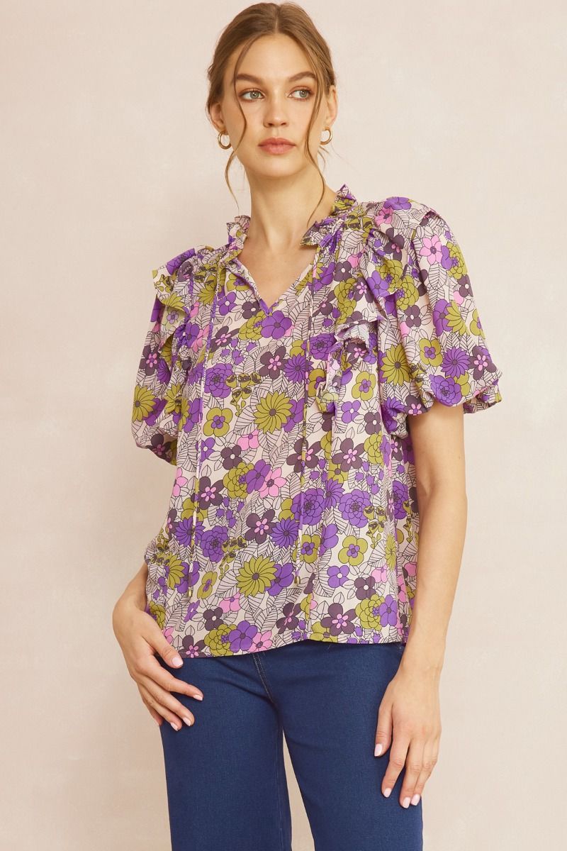 Entro Floral print v-neck puff sleeve top featuring ruffle detail at shoulders - Curvy Size