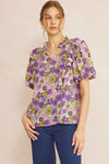 Entro Floral print v-neck puff sleeve top featuring ruffle detail at shoulders - Curvy Size