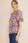 Entro Floral print v-neck puff sleeve top featuring ruffle detail at shoulders - Curvy Size