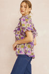 Entro Floral print v-neck puff sleeve top featuring ruffle detail at shoulders - Curvy Size