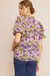 Entro Floral print v-neck puff sleeve top featuring ruffle detail at shoulders - Curvy Size