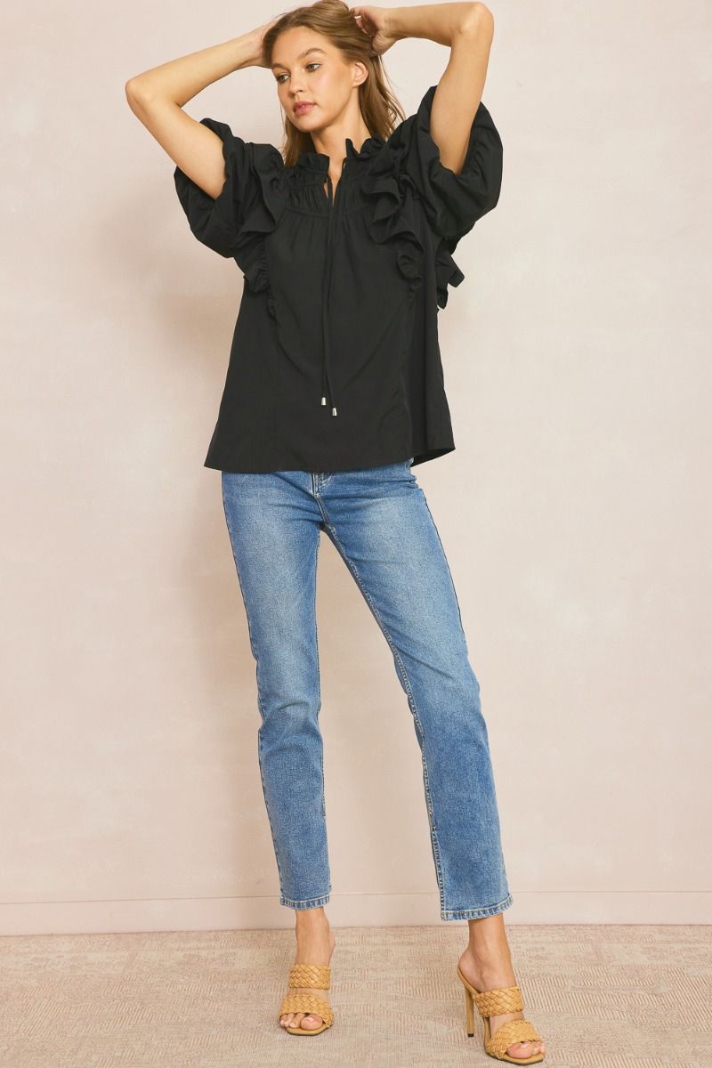 Solid Bubble Sleeve Top Featuring ruffle detail at shoulders and neckline - 2 Colors