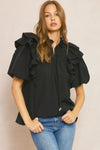 Solid Bubble Sleeve Top Featuring ruffle detail at shoulders and neckline - 2 Colors
