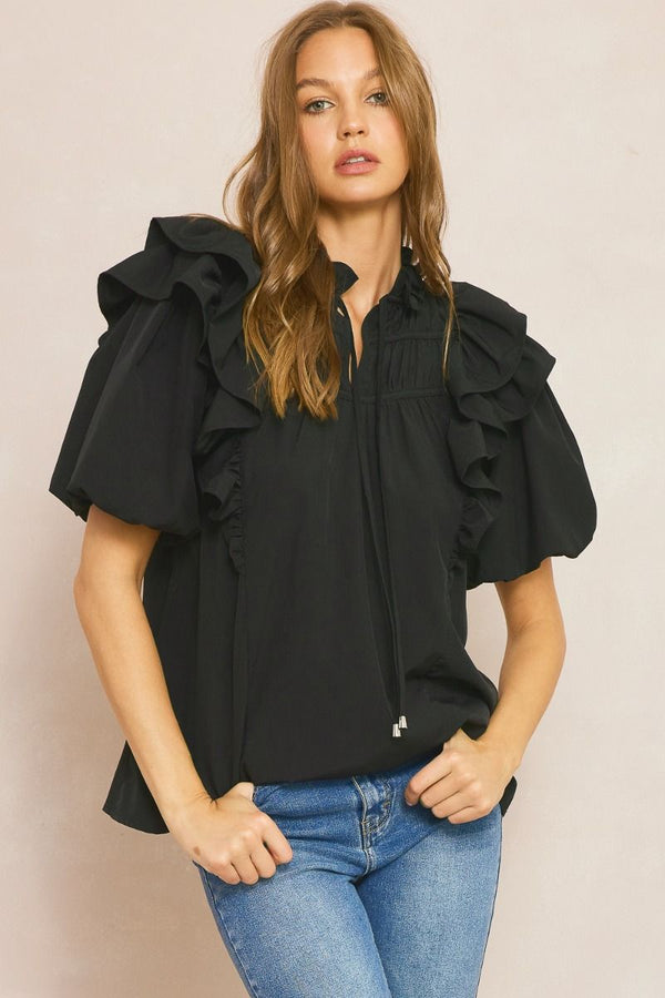 Solid Bubble Sleeve Top Featuring ruffle detail at shoulders and neckline - 2 Colors